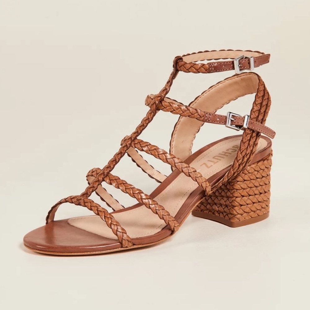 Schutz Rosalia Strappy Block Heel Sandal in Deep Nude Leather, 7.5